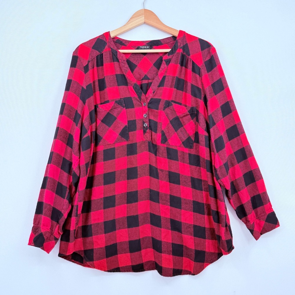 Torrid Harper Pullover Top Women 2 2X Red Black Buffalo Plaid Flannel Gorpcore